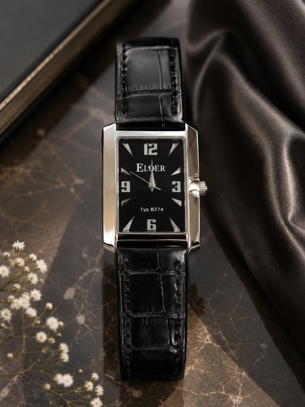 Men's Black Leather Strap Rectangular Watch